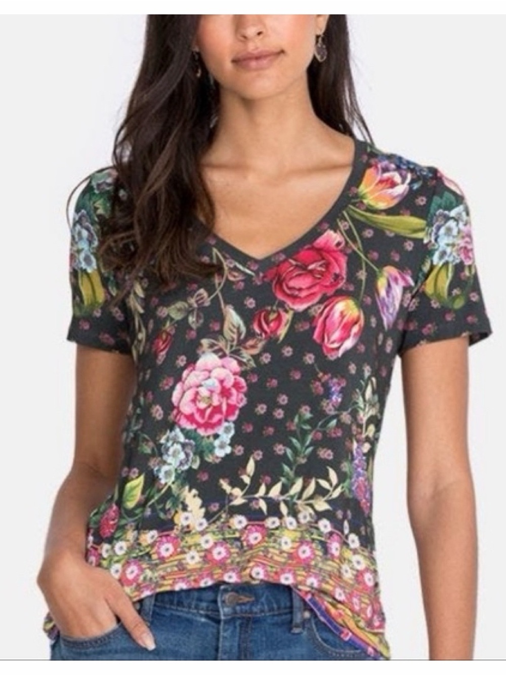 Johnny Was Bamboo Naomi Favorite Short Sleeve V-Neck Tee Multi Color Print